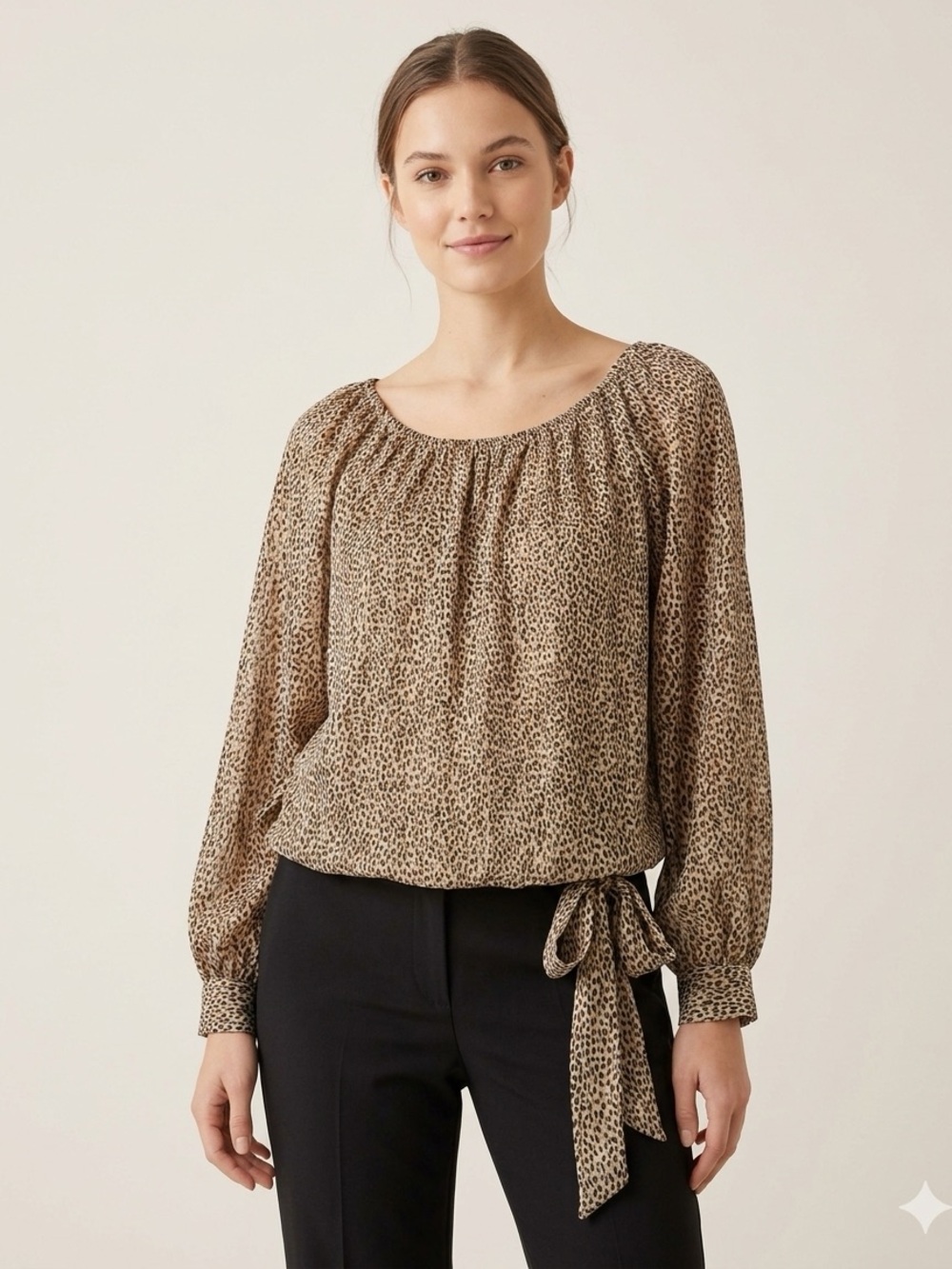 CeCe Beige Leopard-Print Peasant Blouse with Side Tie